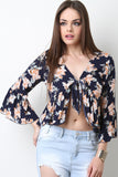 Floral V-Neck Self-Tie Bell Sleeve Top