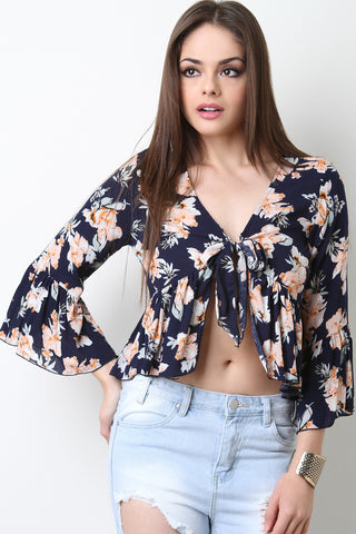 Floral V-Neck Self-Tie Bell Sleeve Top