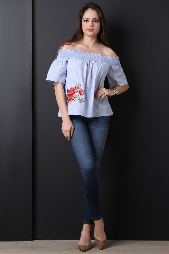 Striped Floral Patch Accent Smocked Top