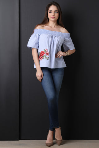 Striped Floral Patch Accent Smocked Top