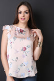 Floral Satin Ruffle Cap Sleeve Top