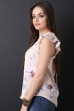 Floral Satin Ruffle Cap Sleeve Top