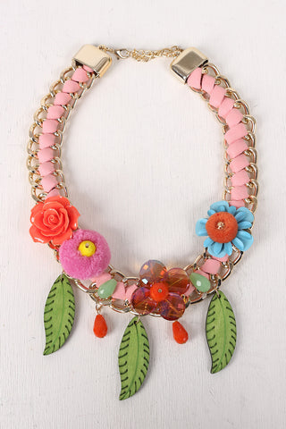Spring Floral With Wooden Leaf Necklace