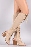 Suede Corset Lace-Up Chunky Heeled Knee High Boots