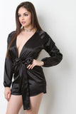 Satin Deep V Neck Waist-Tie Romper