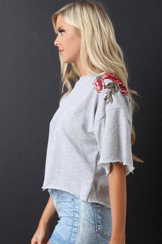 Shoulder Floral Applique Raw Edge Top