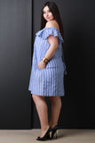 Off The Shoulder Ruffle Striped Shift Dress