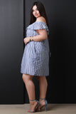 Off The Shoulder Ruffle Striped Shift Dress