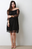 Semi-Sheer Lace Bardot Midi Dress