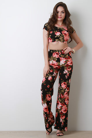 High Waisted Floral Decor Button Palazzo Pants
