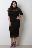 Mock Neck Floral Lace Midi Dress