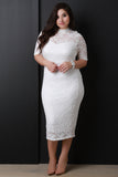 Mock Neck Floral Lace Midi Dress