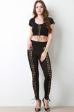 Self-Lace Up Stretchy Knit Crop Top