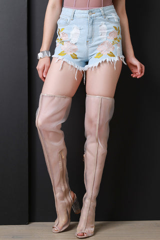 Floral Embroidered Distress High Waisted Denim Shorts