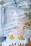 Floral Embroidered Distress High Waisted Denim Shorts