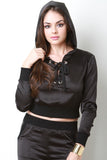 Satin Hooded Lace-Up Crop Top