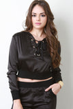 Satin Hooded Lace-Up Crop Top