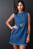 Striped Lace-Up Sleeveless Frayed Hem Denim Shift Dress