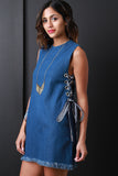 Striped Lace-Up Sleeveless Frayed Hem Denim Shift Dress