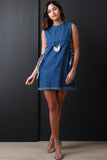 Striped Lace-Up Sleeveless Frayed Hem Denim Shift Dress
