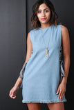 Striped Lace-Up Sleeveless Frayed Hem Denim Shift Dress