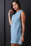 Striped Lace-Up Sleeveless Frayed Hem Denim Shift Dress