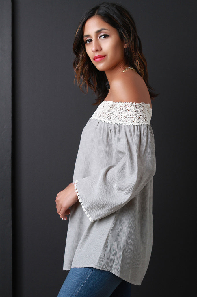 Crochet Panel Bardot Long Sleeve Top