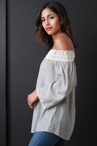 Crochet Panel Bardot Long Sleeve Top
