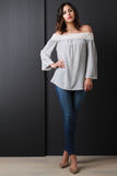 Crochet Panel Bardot Long Sleeve Top