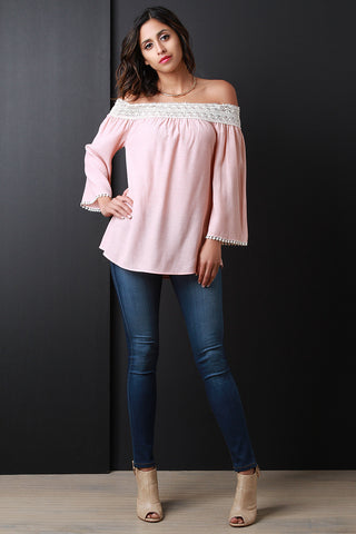 Crochet Panel Bardot Long Sleeve Top