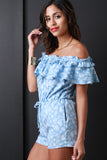 Rosette Print Ruffled Off-The-Shoulder Romper