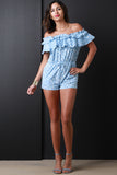 Rosette Print Ruffled Off-The-Shoulder Romper