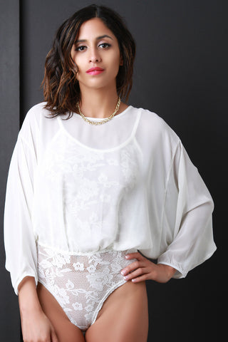 Dolman Sleeve Chiffon Overlay Lace Bodysuit