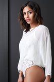 Dolman Sleeve Chiffon Overlay Lace Bodysuit