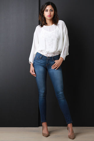 Dolman Sleeve Chiffon Overlay Lace Bodysuit
