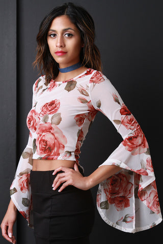 Floral Long Bell Sleeve High Low Top