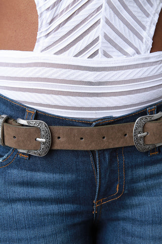 Floral Etched Double Buckle Belt