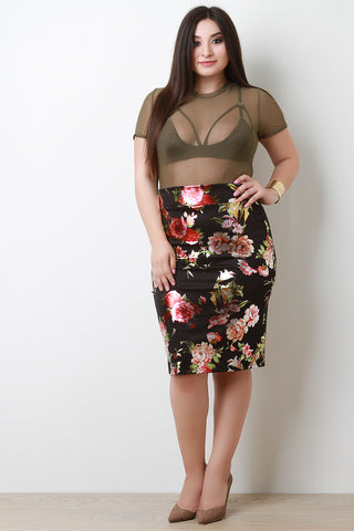 Floral Print High Waist Pencil Midi Skirt