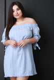 Striped Off The Shoulder Self Tie Mini Dress