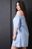 Striped Off The Shoulder Self Tie Mini Dress