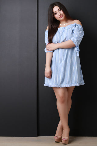 Striped Off The Shoulder Self Tie Mini Dress