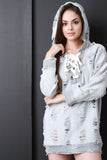 Distressed Hooded Lace-Up Sweater Dress