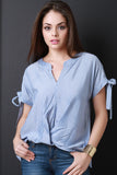 Twisted Front Self-Tie Sleeve Striped Top