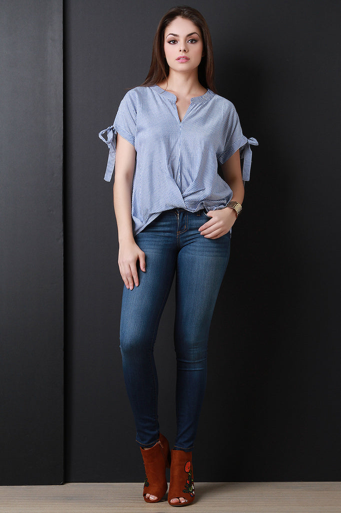 Twisted Front Self-Tie Sleeve Striped Top