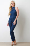 Sleeveless Mock Neck Denim Jumpsuit