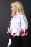 Distressed Floral Embroidery Crop Denim Jacket