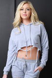 Draped Distressed Terry Knit Hooded Crop Top