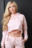 Draped Distressed Terry Knit Hooded Crop Top