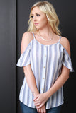 Stripe Button Decor Open Shoulder Top