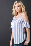 Stripe Button Decor Open Shoulder Top